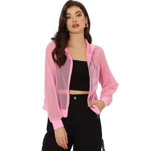 Hoodie Jacket Zip Up Long Sleeve Mesh Sheer Bomber Jackets Pink
